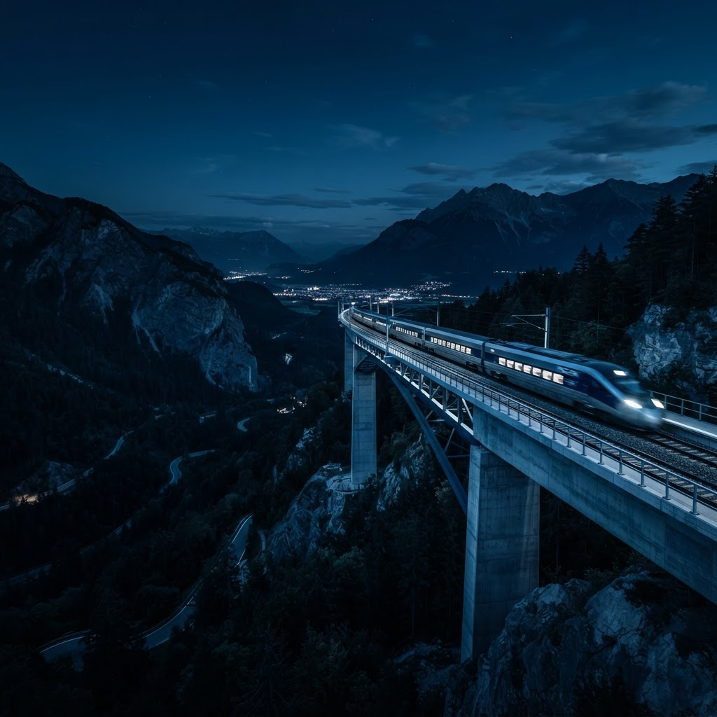 Passenger train crossing a mountain bridge at night