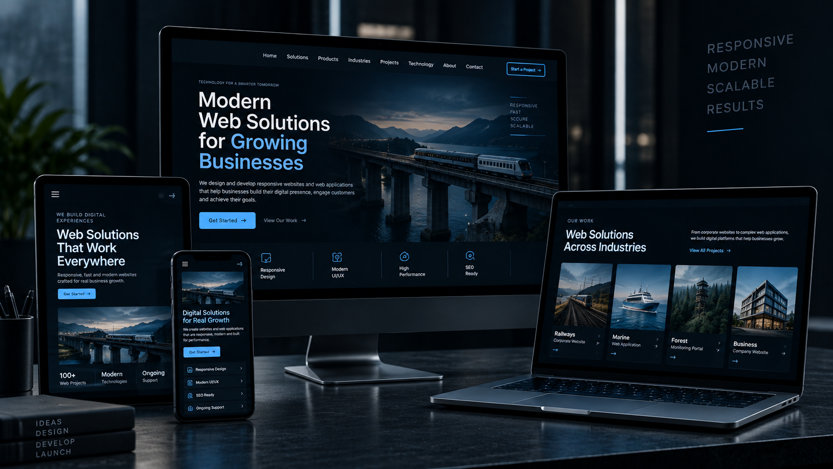PACCEX responsive web solutions shown on desktop, tablet and mobile